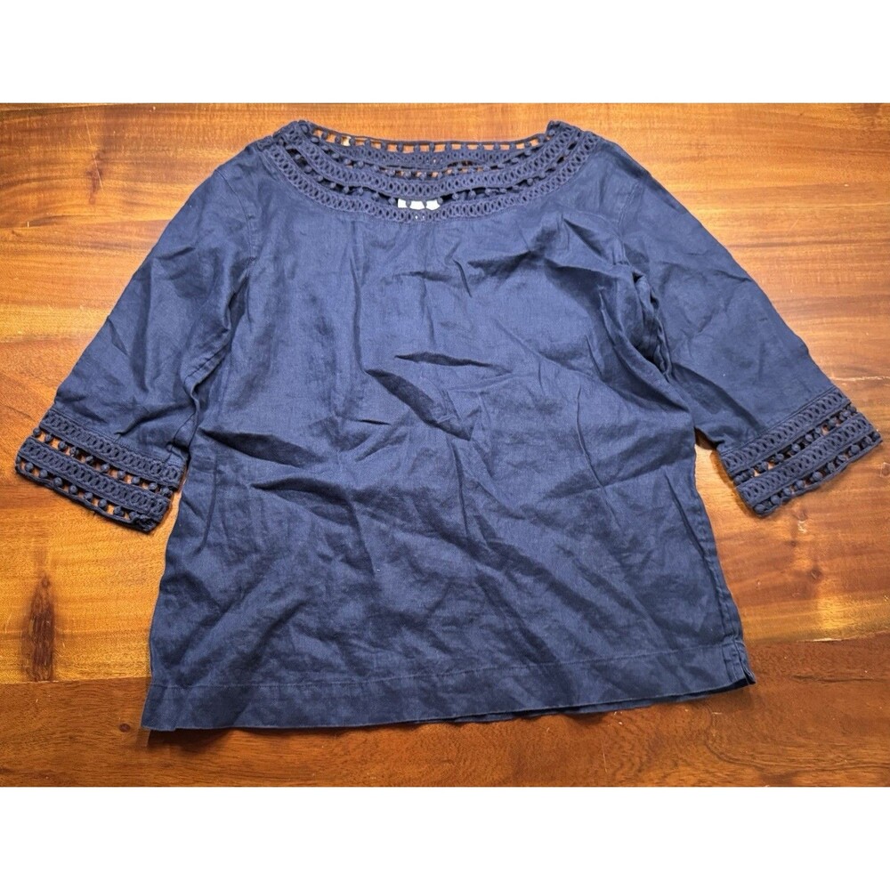 Jill Love Linen Top Womens XS Navy Blue Crochet Eyelet 3/4 Sleeve Boat Neck